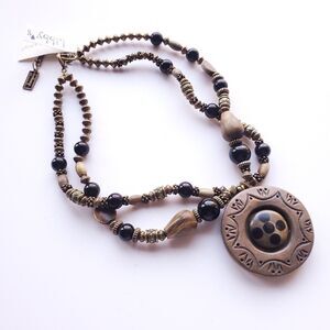 Boho Beaded Necklace Anthony Alexander 2 Strand Pendant Statement Neutral Brown